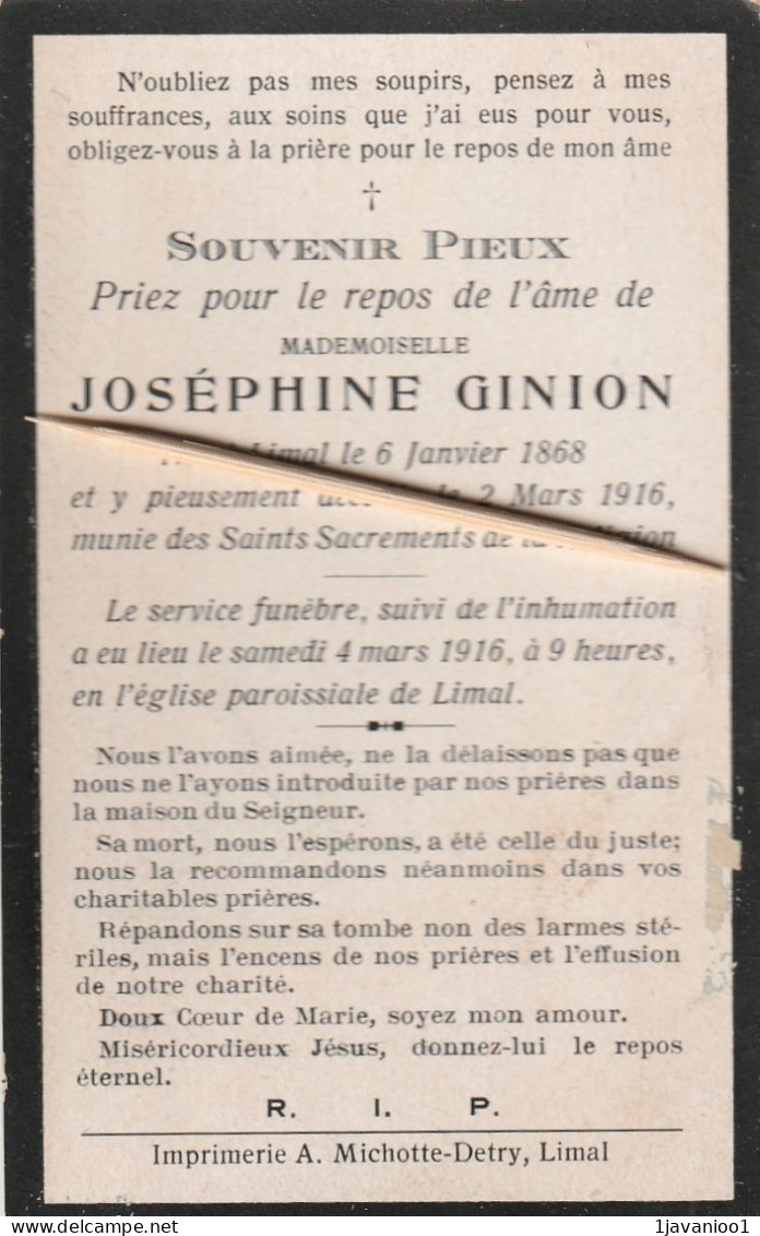 Limal, 1916, Josephine Ginion, - Images Religieuses