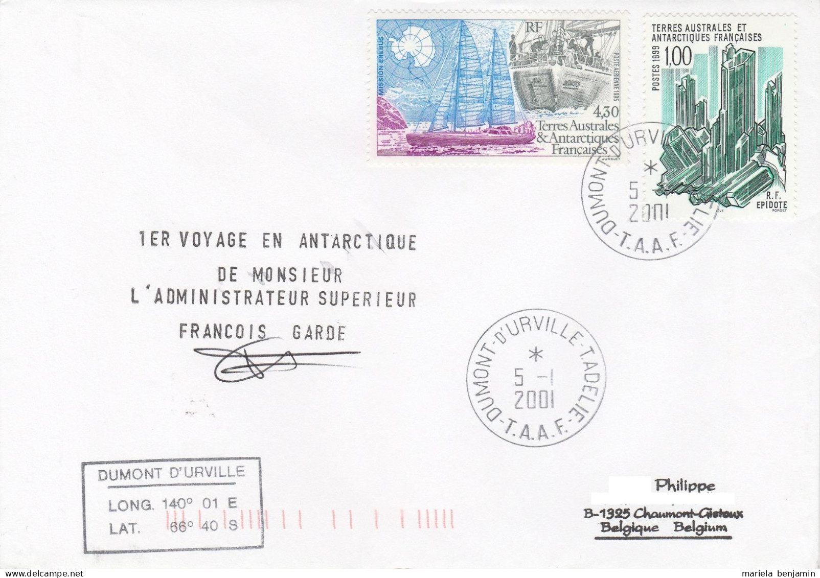 TAAF - Terre Adélie - Voyage En Antarctique AdSup François Garde Oblit Dumont D'Urville 5-1-2001 // Tad227 - Lettres & Documents