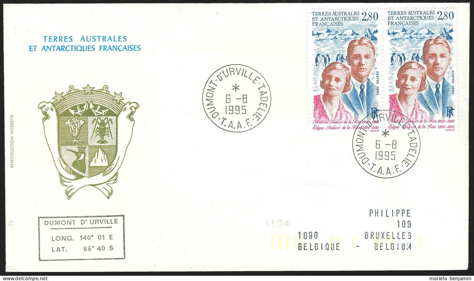 TAAF - Terre Adélie - Andrée & Edgar Aubert De La Rüe Càd Dumont D'Urville 06/08/1995 // Tad140 - Lettres & Documents