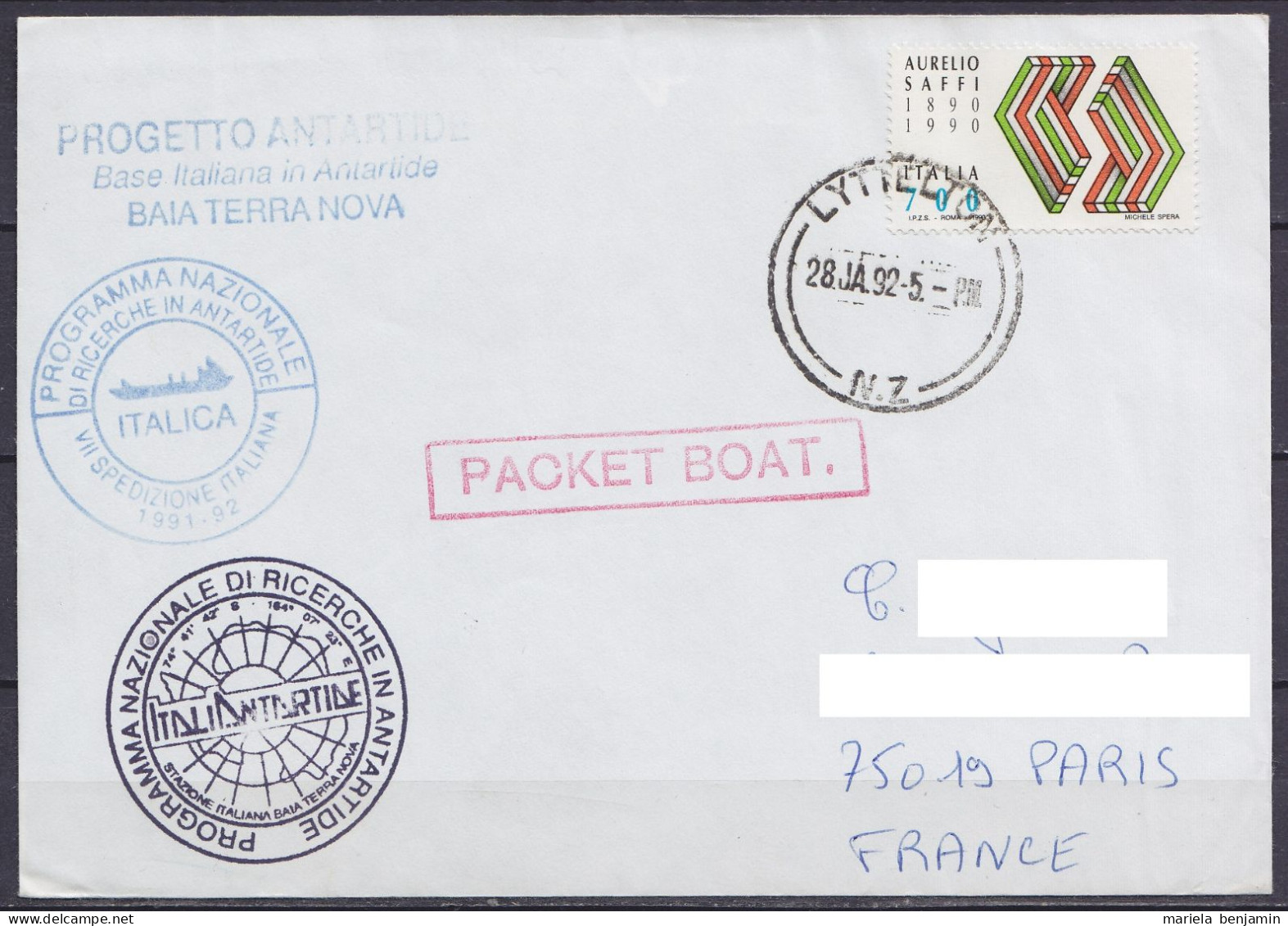 7e Expédition Antarctique Italienne - Cachet Bateau ITALICA - ObliT LYTTELTON 28 JA. 1992 - Au Dos : Cachet "Coopération - Lettres & Documents