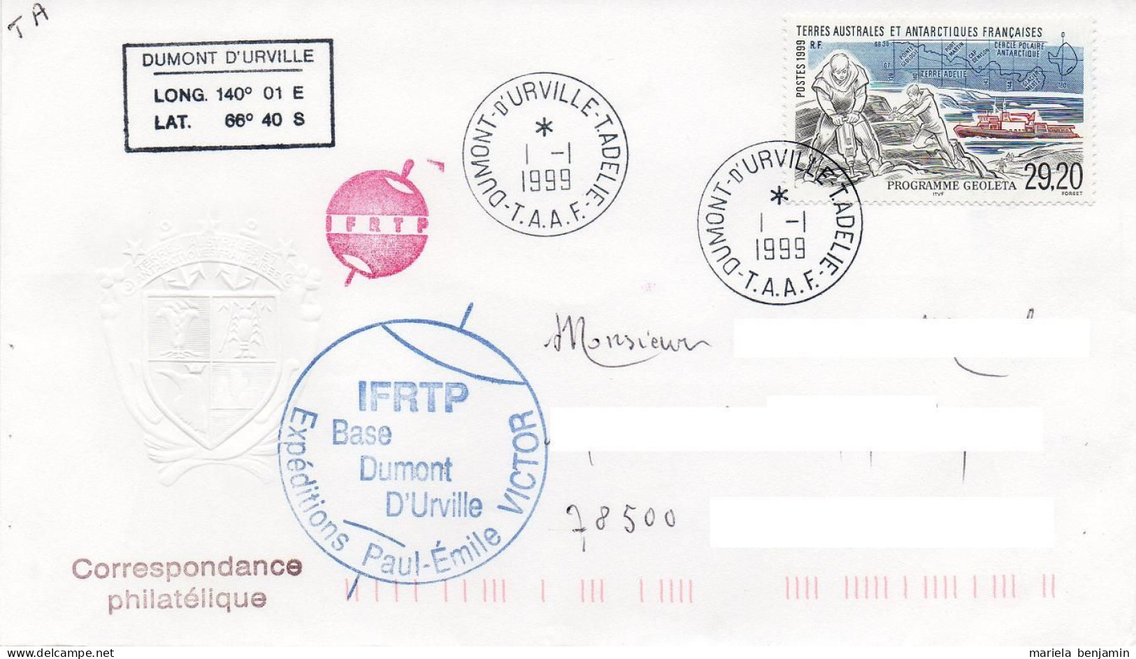 TAAF - Terre Adélie - Prog. Geoleta 1e Jour Oblit Dumont D'Urville 01/01/1999 // Tad100 - Brieven En Documenten