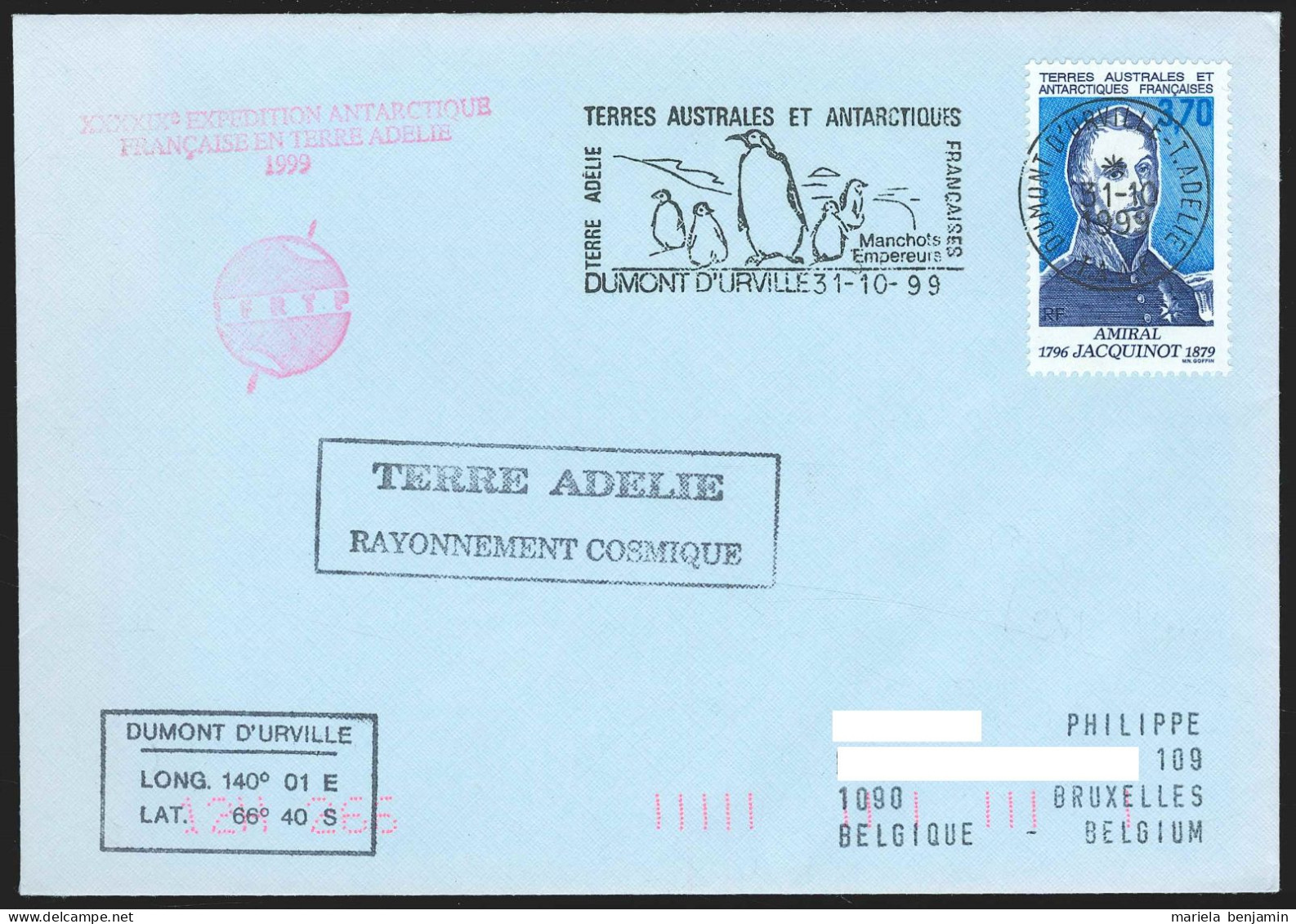 TAAF - Terre Adélie - Rayonnement Cosmique TA49 Càd Dumont D'Urville 31/10/1999 // Tad145 - Lettres & Documents