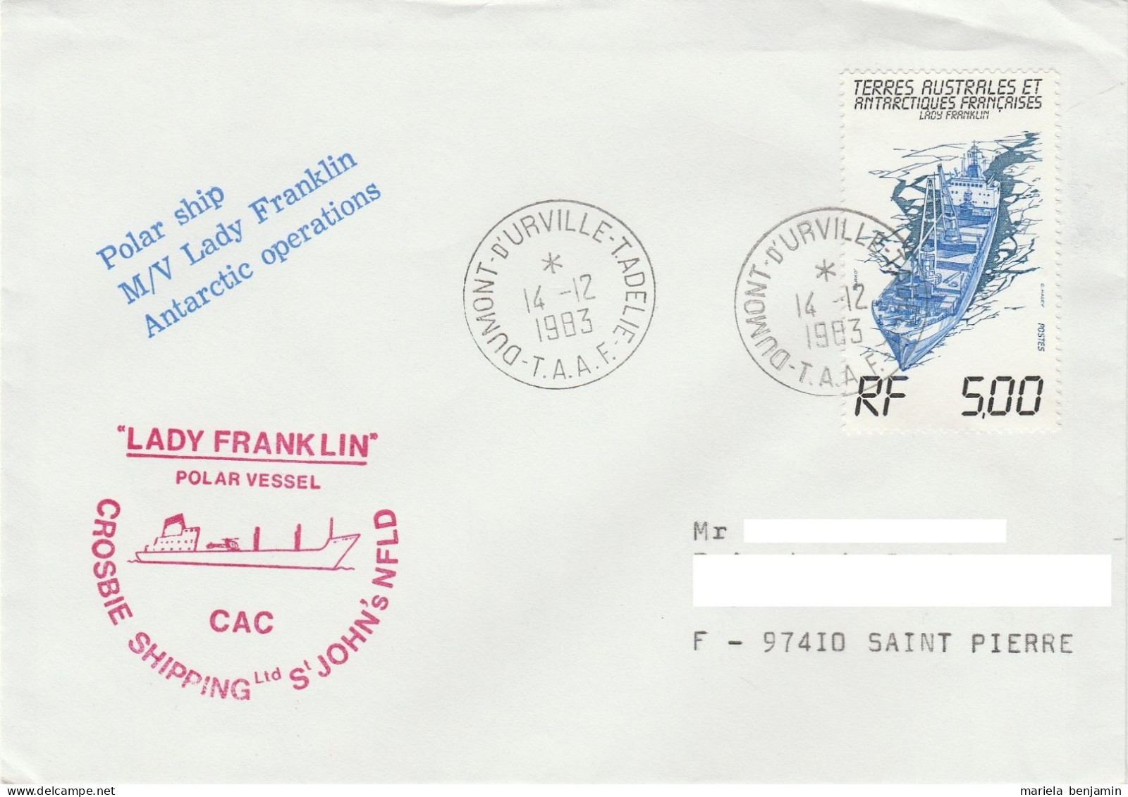 TAAF - Terre Adélie - Bateau M/V Lady Franklin Càd Dumont D'Urville 14/12/1983 // Tad127 - Brieven En Documenten