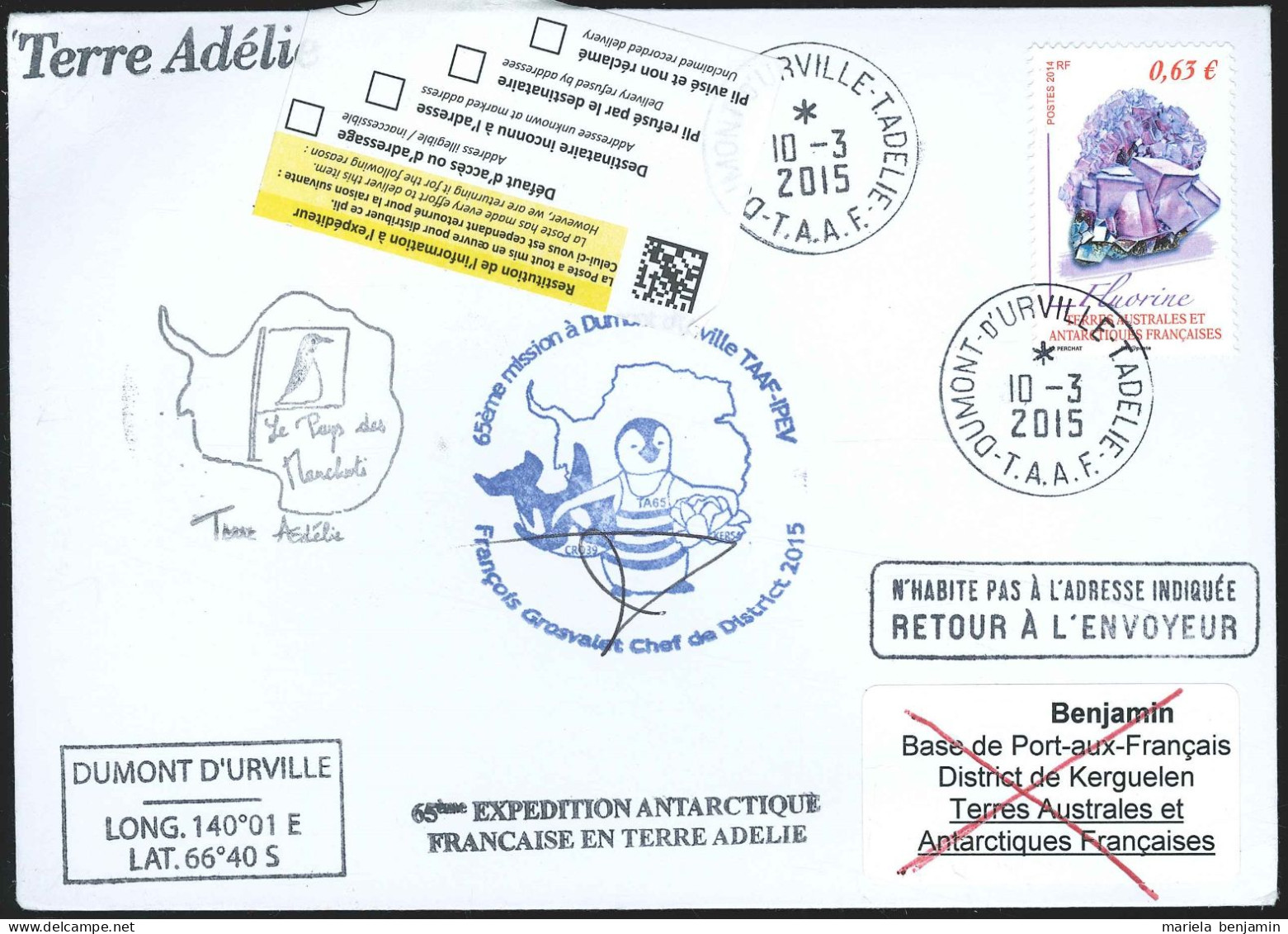 TAAF - Terre Adélie - DISTA Chef De District TA65 Oblit Dumont D'Urville 10/03/2015 Vers Kerguelen // Tad121 - Lettres & Documents