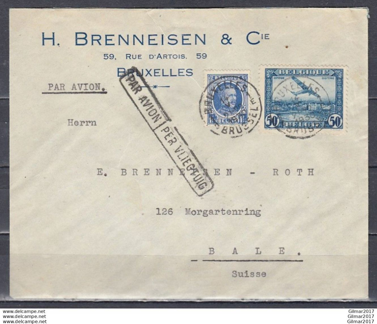 Brief Van Bruxelles 1 Brussel Naar Bale (Zwitserland) Per Vliegtuig - 1922-1927 Houyoux