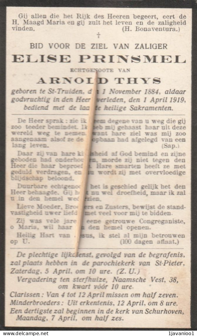 Sint-Truiden, 1919, Elise Prinsmel, Thys - Images Religieuses