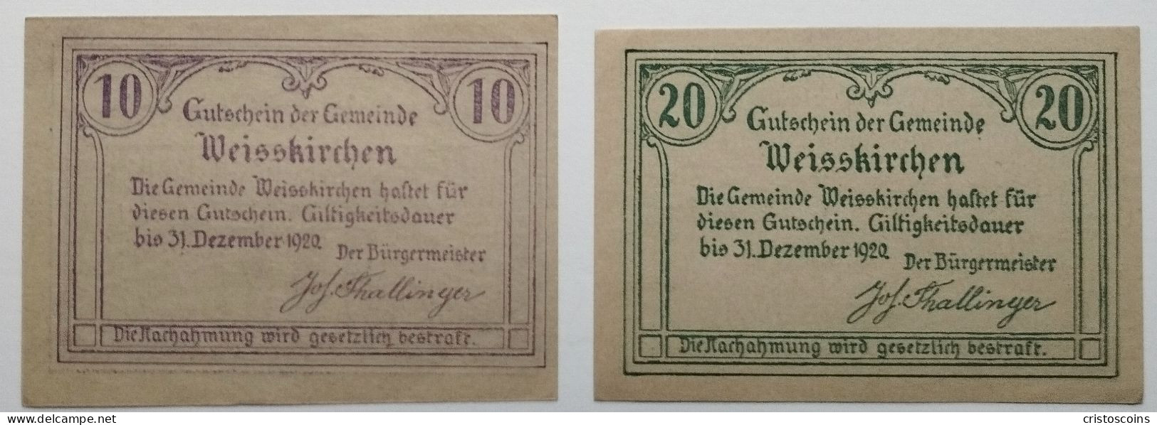 Austria 10/20H Notgeld  Weisskirchen 1920 (Ban.2023 - Oesterreich