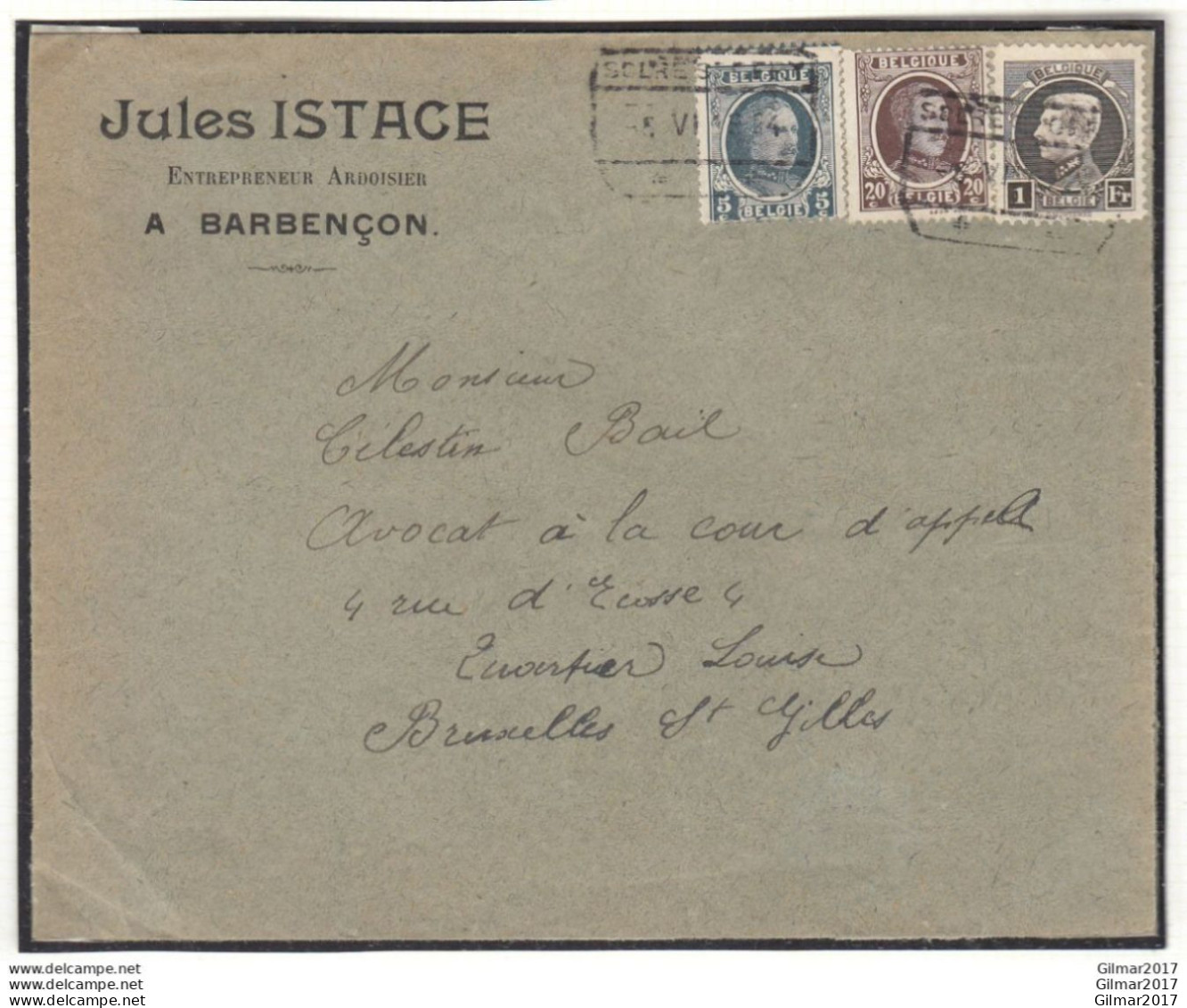 Brief Van Solre St Gery (spoorwegstempel) Naar Bruxelles St Gilles - 1922-1927 Houyoux