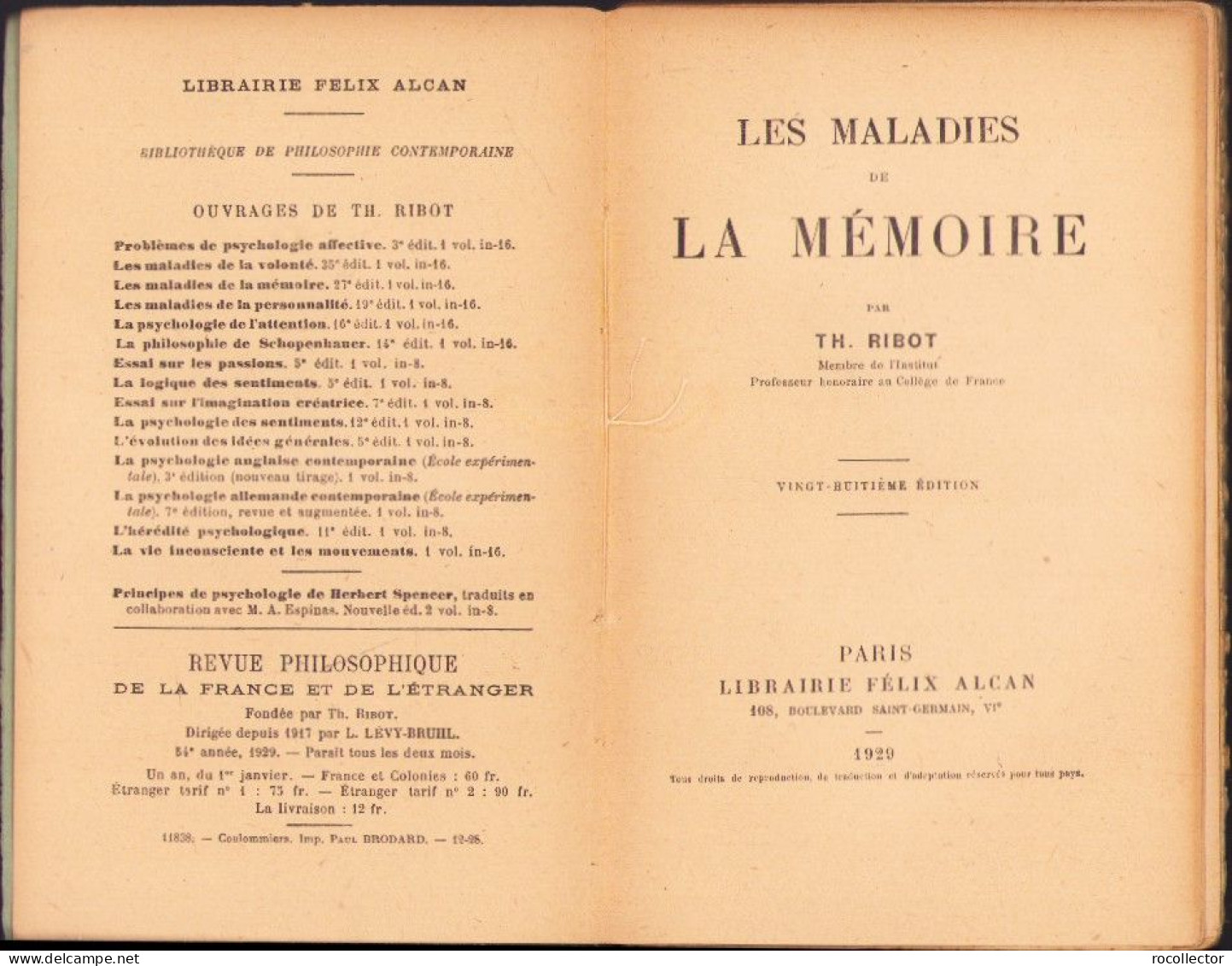 Les Maladies De La Memoire Par Th Ribot 1929 C3875N - Libros Antiguos Y De Colección