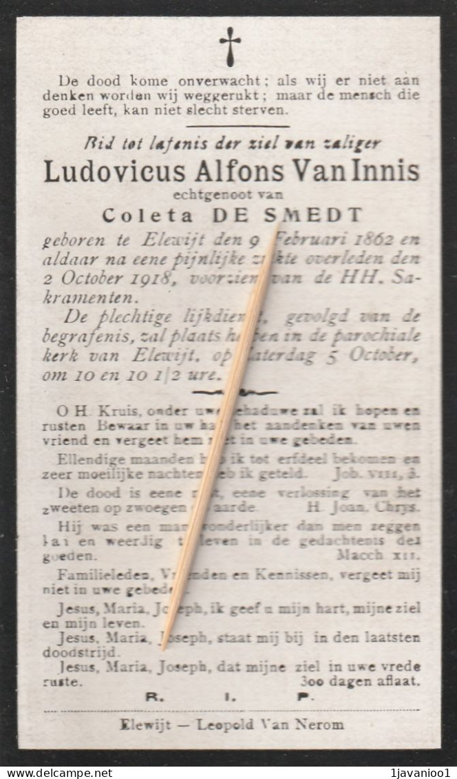 Elewijt, 1918, Ludovicus Van Innis, De Smedt - Devotion Images