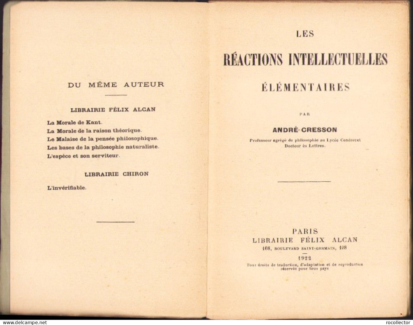 Les Reactions Intellectuelles Elementaires Par Andre Cresson 1922 C3873N - Livres Anciens