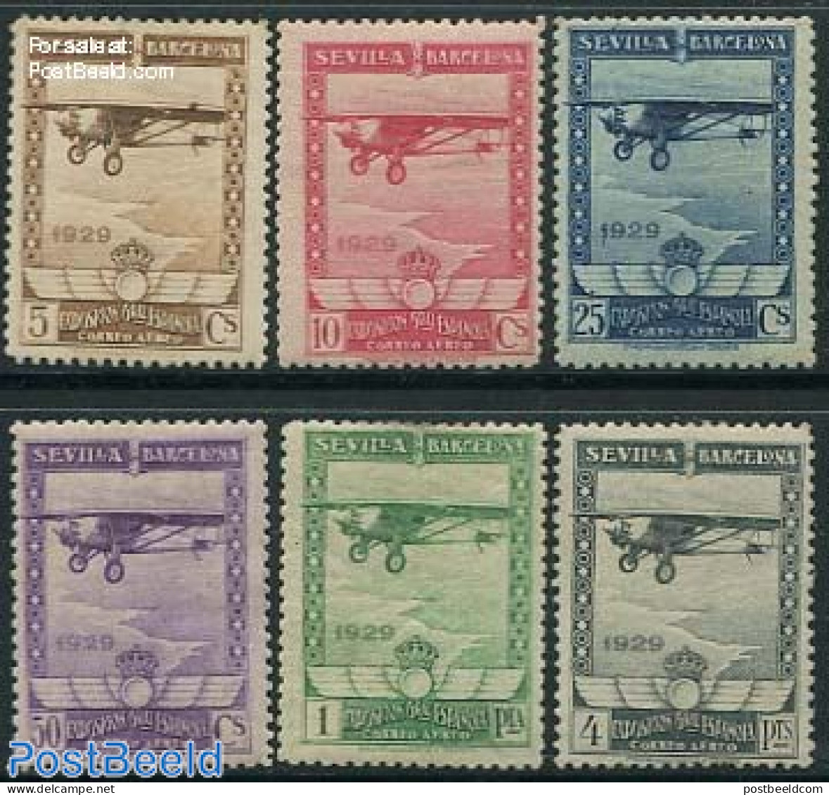 Spain 1929 Int. Exhibitions, Plane 6v, Unused (hinged), Transport - Aircraft & Aviation - Unused Stamps