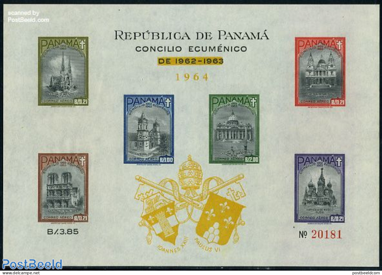 Panama 1964 Vatican Concile S/s, Overprint, Mint NH, History - Religion - Coat Of Arms - Churches, Temples, Mosques, S.. - Churches & Cathedrals
