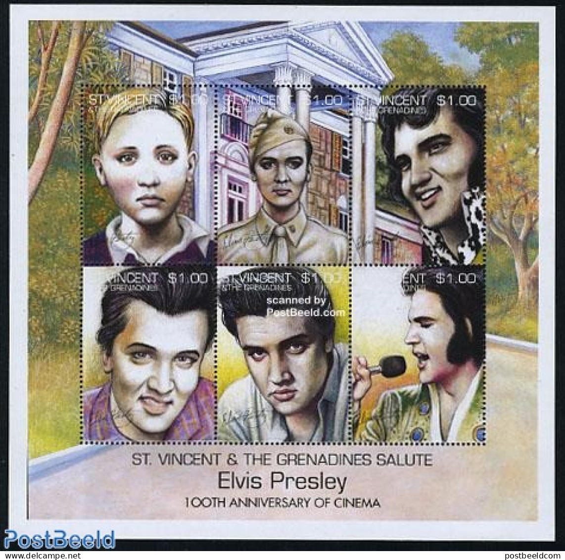 Saint Vincent 1995 Cinema Centenary, Elvis Presley 6v M/s, Mint NH, Performance Art - Elvis Presley - Music - Popular .. - Elvis Presley