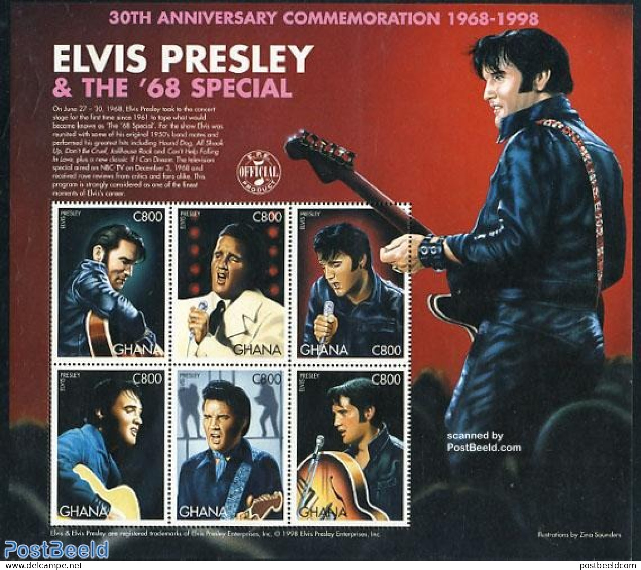 Ghana 1998 Elvis Presley 6v M/s, Mint NH, Performance Art - Elvis Presley - Music - Popular Music - Elvis Presley