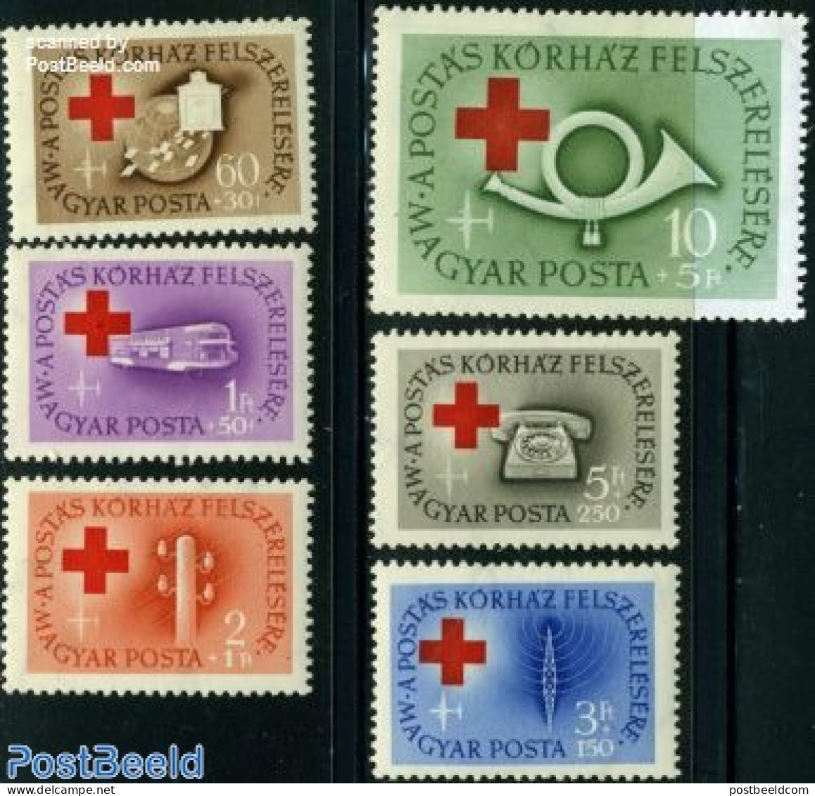 Hungary 1957 Red Cross 6v, Mint NH, Health - Science - Transport - Red Cross - Telecommunication - Telephones - Automo.. - Ongebruikt