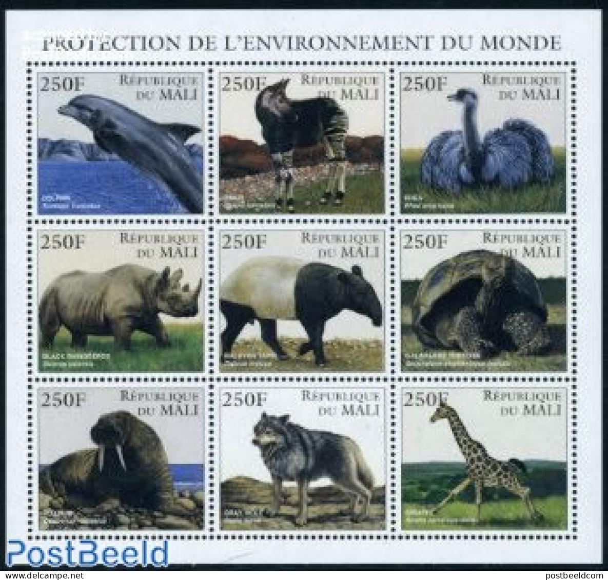 Mali 1997 Environment 9v M/s, Mint NH, Nature - Animals (others & Mixed) - Birds - Giraffe - Rhinoceros - Sea Mammals .. - Mali (1959-...)