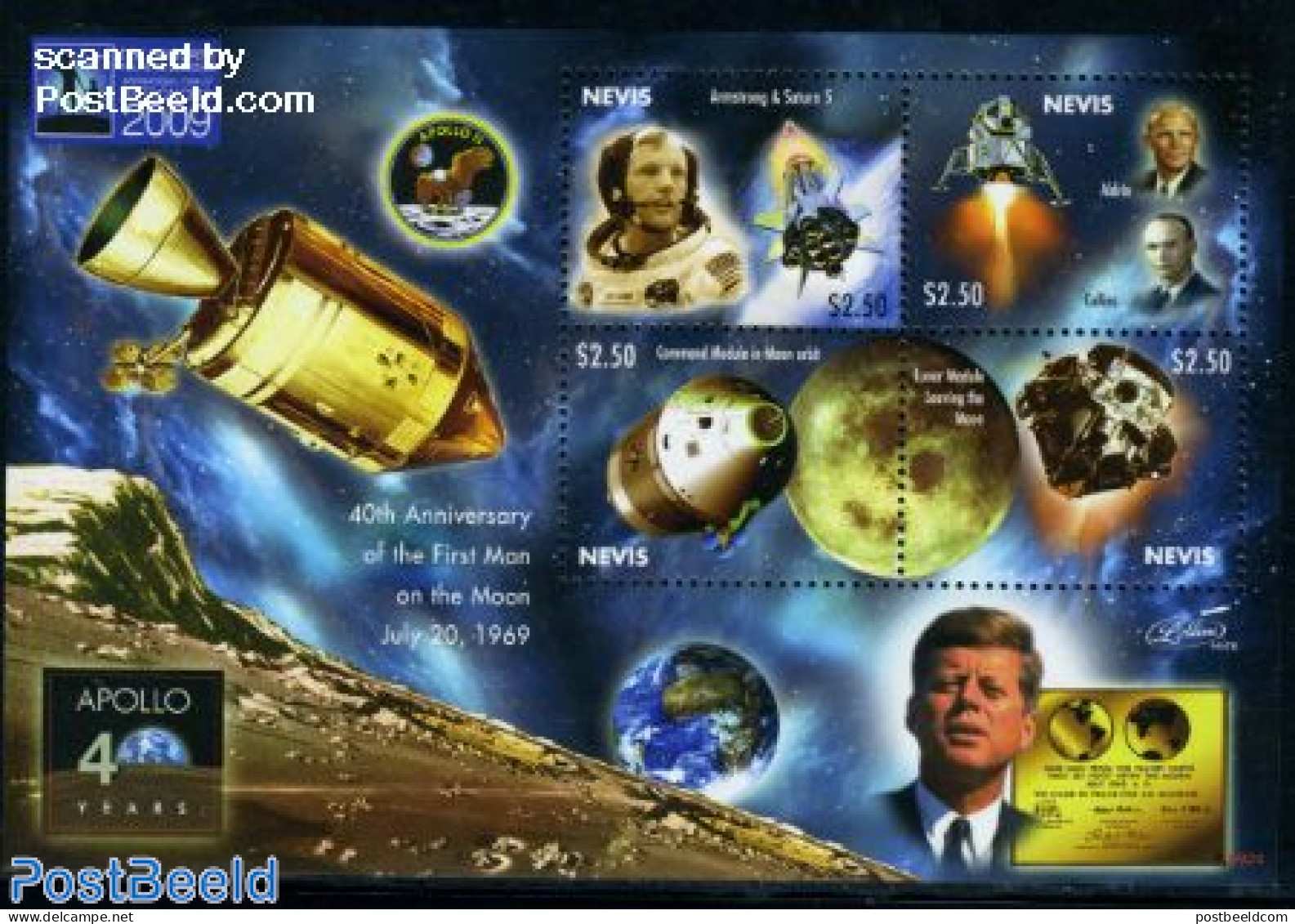Nevis 2009 Moonlanding Anniversary 4v M/s, Mint NH, Transport - Space Exploration - St.Kitts-et-Nevis ( 1983-...)