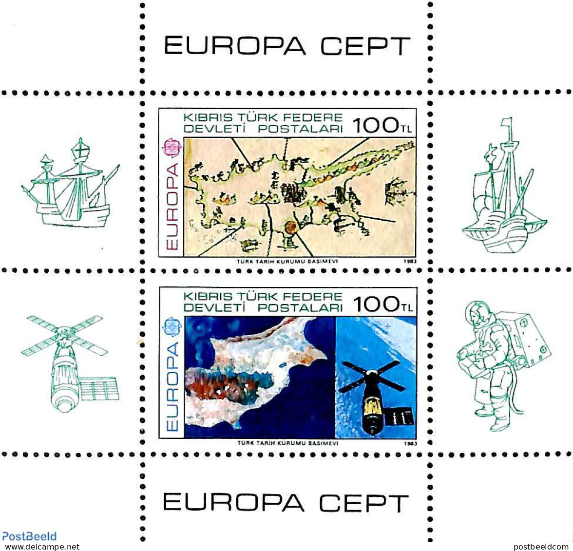 Turkish Cyprus 1983 Europa, Products Of Human Mind S/s, Mint NH, History - Transport - Various - Europa (cept) - Space.. - Géographie