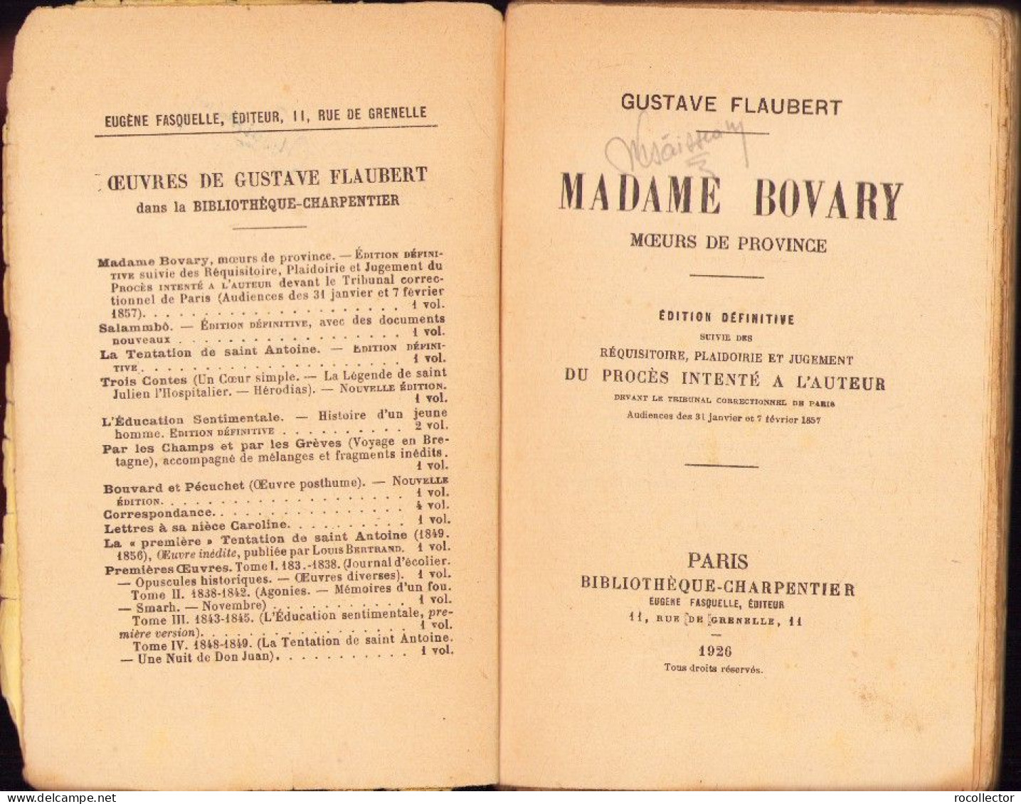 Madame Bovary Par Gustave Flaubert 1926 Edition Definitive C3870N - Libros Antiguos Y De Colección