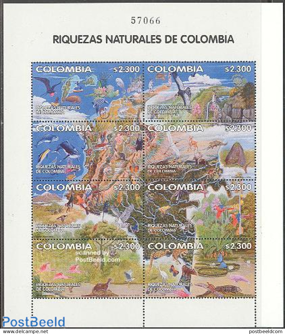 Colombia 2002 Nature Of Colombia 8v M/s, Mint NH, Nature - Birds - Butterflies - Cat Family - Sea Mammals - Turtles - Kolumbien