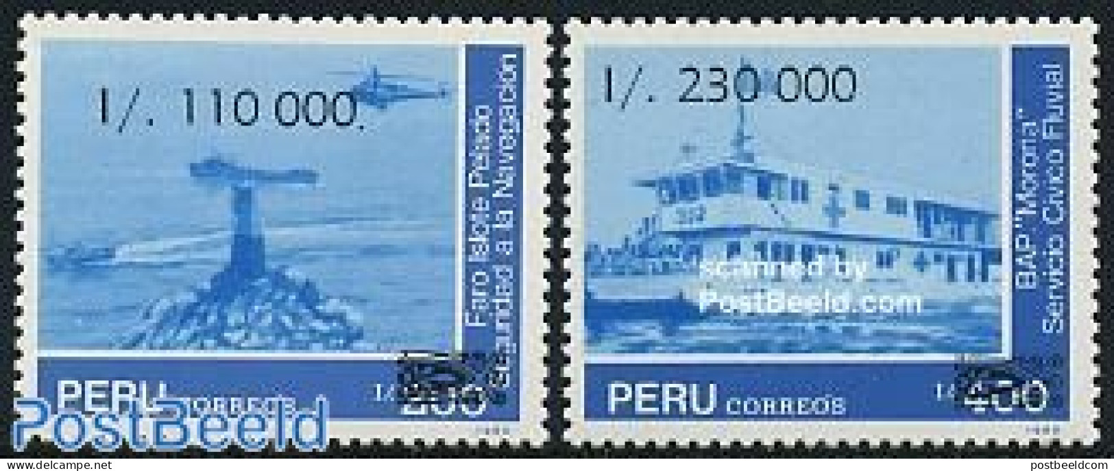 Peru 1990 Navy 2v, Overprints, Mint NH, Transport - Various - Helicopters - Ships And Boats - Lighthouses & Safety At .. - Hélicoptères
