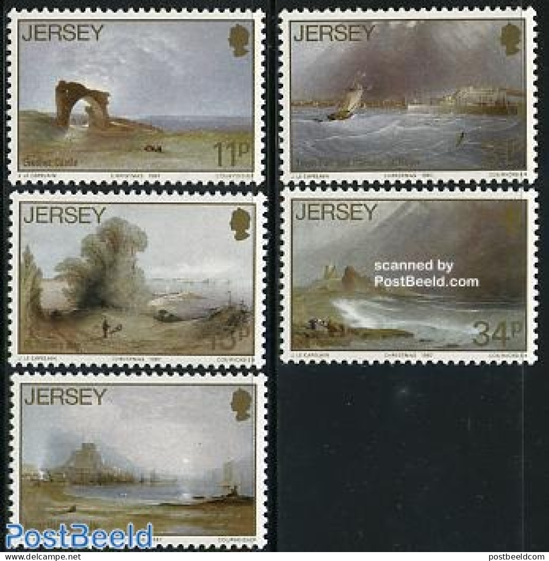 Jersey 1987 Christmas, Le Capelain Paintings 5v, Mint NH, Nature - Religion - Transport - Dogs - Christmas - Ships And.. - Noël