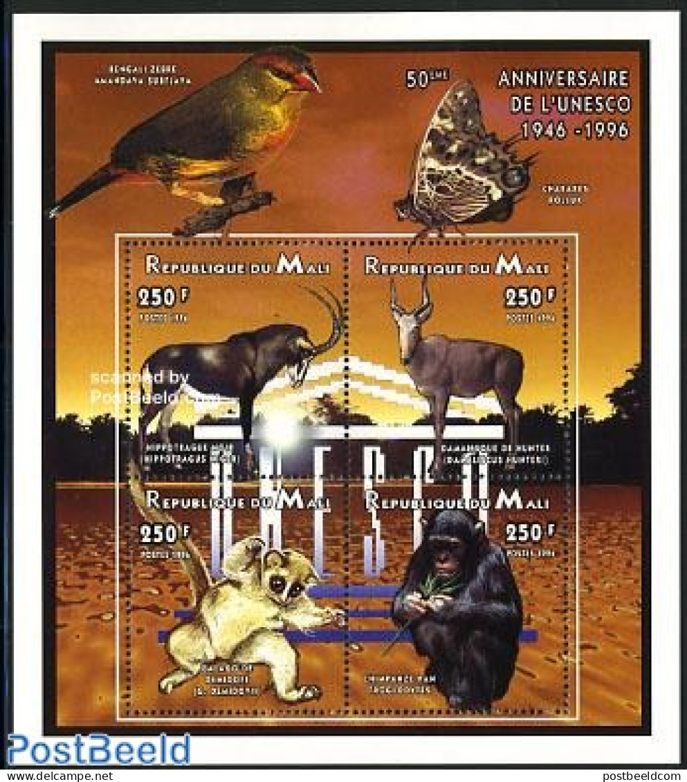 Mali 1996 Animals 4v M/s, Mint NH, Nature - Animals (others & Mixed) - Birds - Butterflies - Monkeys - Mali (1959-...)