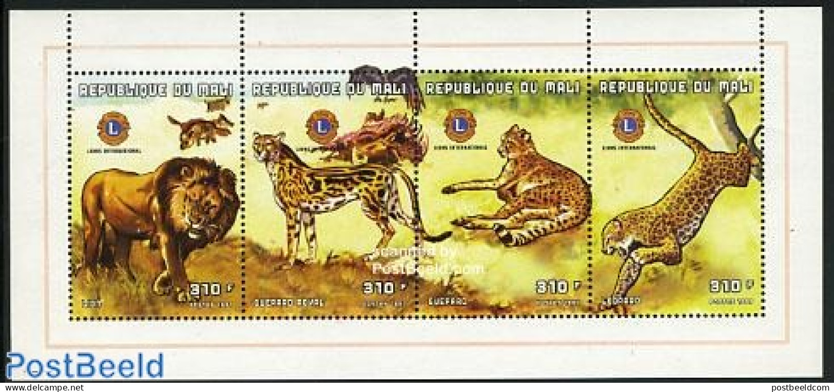 Mali 1998 Rotary, Lions International, Fauna 4v M/s (4x310F), Mint NH, Nature - Various - Cat Family - Lions Club - Ro.. - Rotary, Club Leones