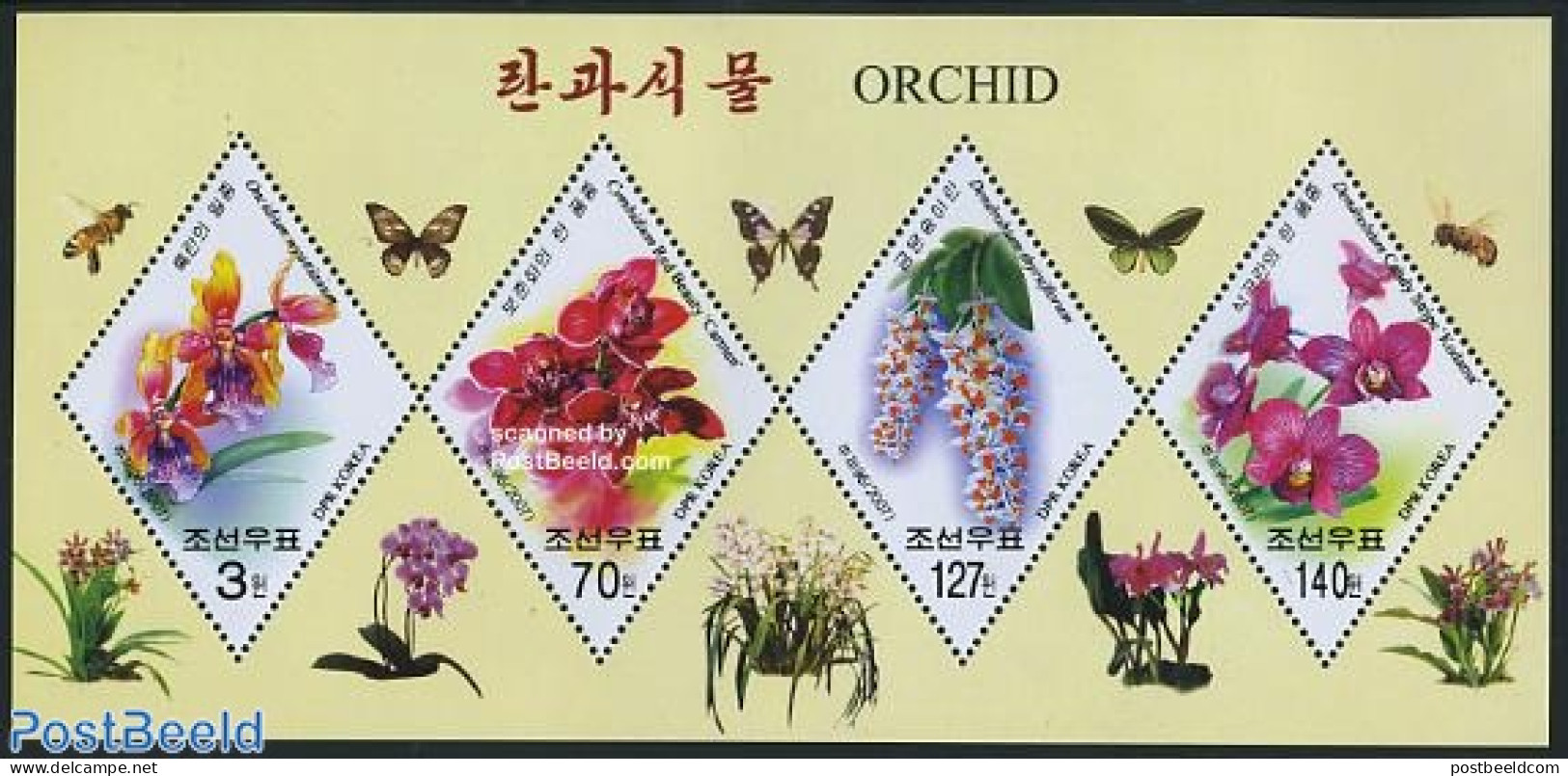 Korea, North 2007 Orchids 4v M/s, Mint NH, Nature - Butterflies - Flowers & Plants - Orchids - Korea, North