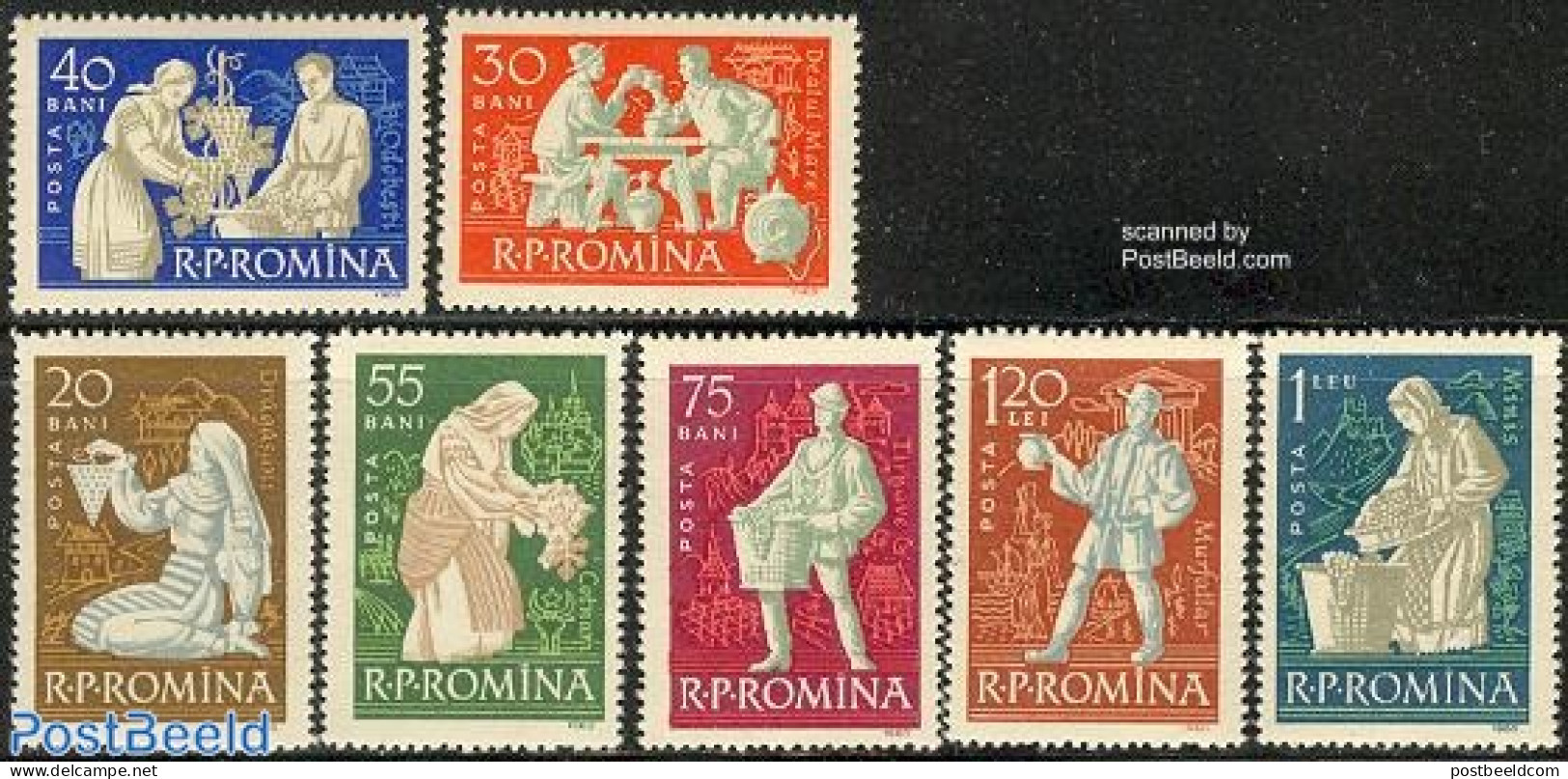 Romania 1960 Wine 7v, Mint NH, Nature - Various - Fruit - Wine & Winery - Agriculture - Costumes - Unused Stamps
