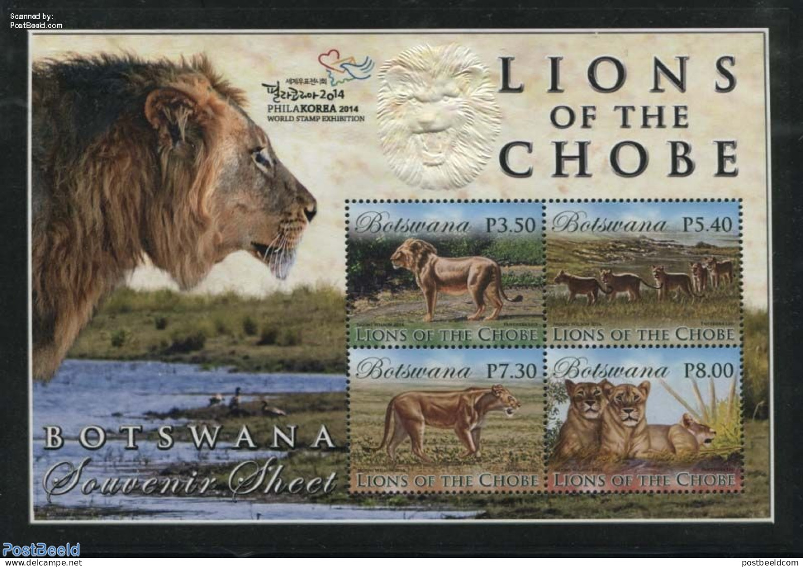 Botswana 2014 Lions Of The Chobe 4v M/s, Philakorea Overprint, Mint NH, Nature - Cat Family - Philately - Botswana (1966-...)