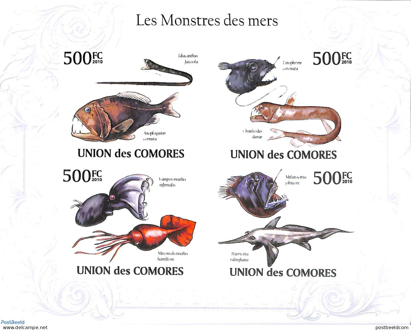 Comoros 2010 Monsters Of The Sea 4v M/s, Imperforated, Mint NH, Nature - Fish - Poissons