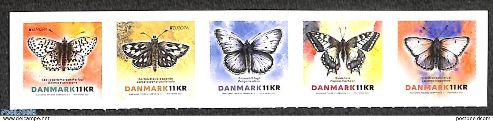 Denmark 2021 Europa 5v, Endangered Butterflies 5v S-a, Mint NH, History - Nature - Europa (cept) - Butterflies - Unused Stamps