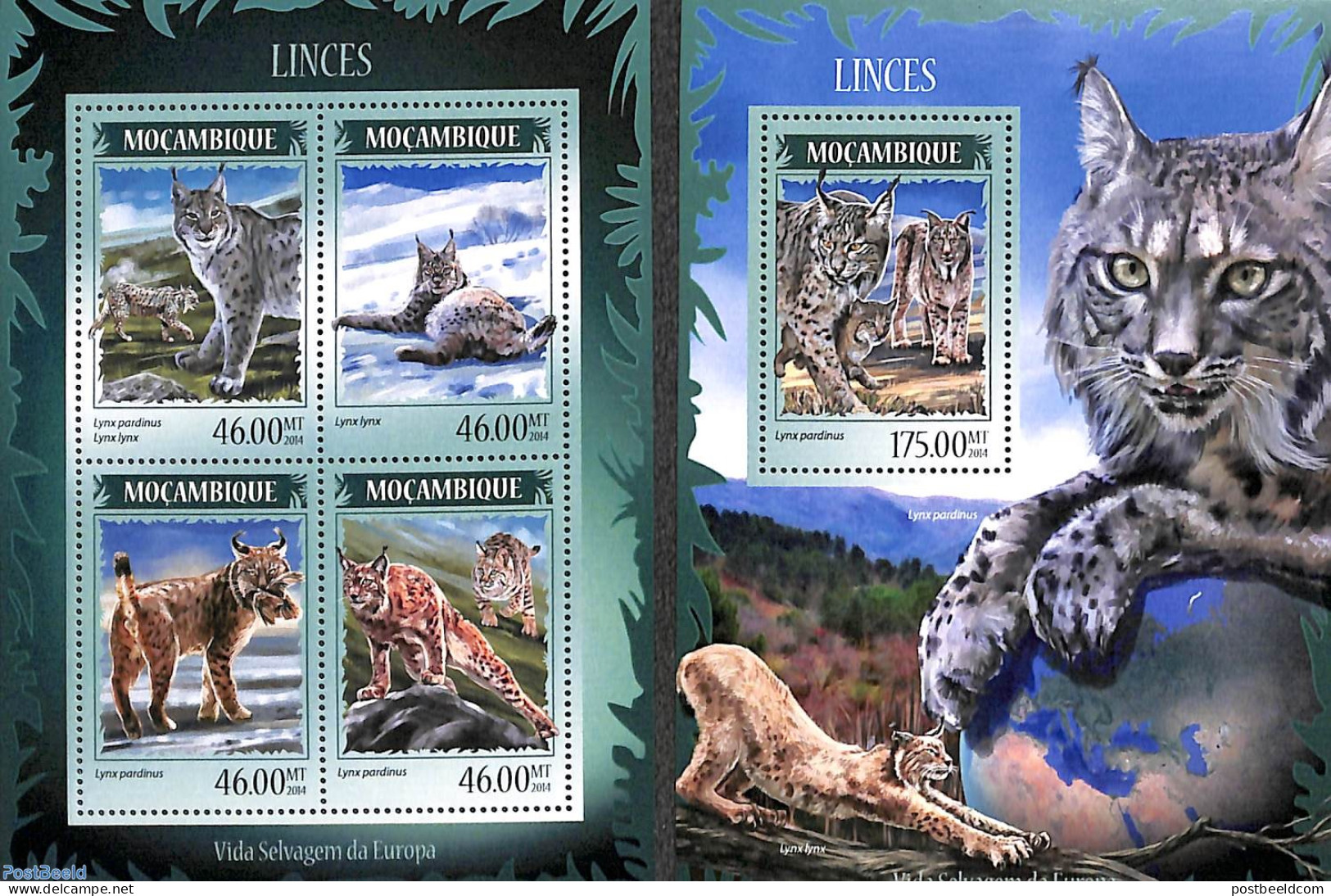 Mozambique 2014 Lynx 2 S/s, Mint NH, Nature - Animals (others & Mixed) - Cat Family - Mozambique