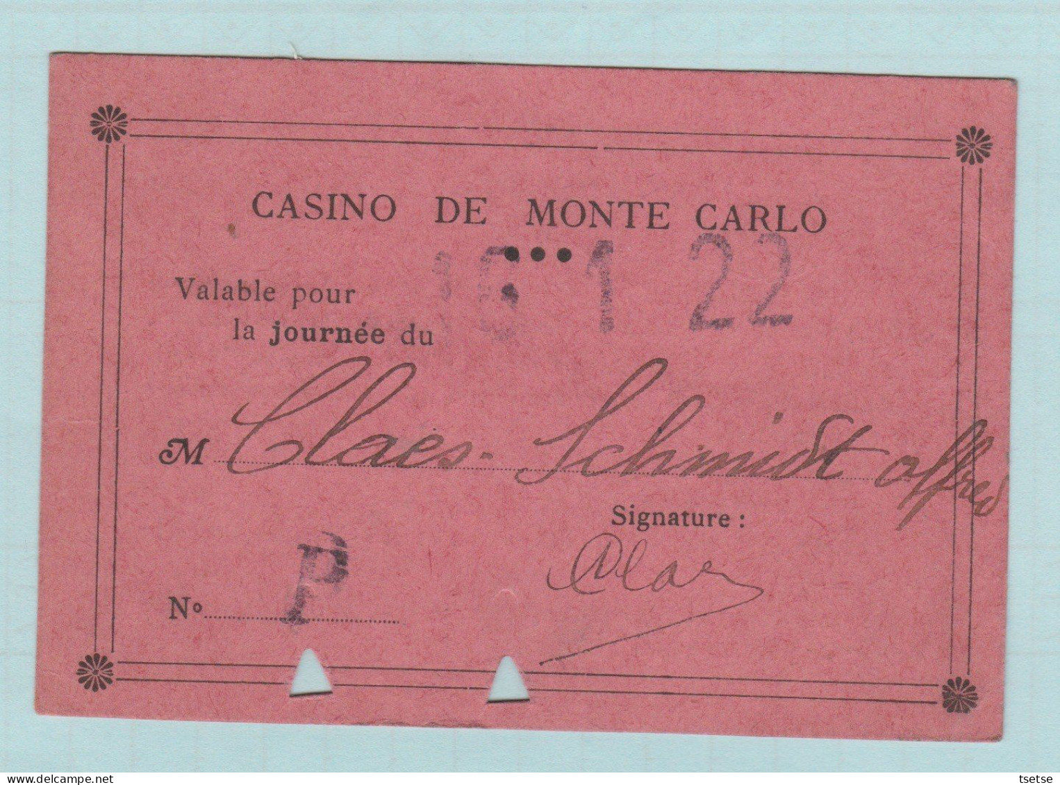 Casino De Monte Carlo - Carte D'entrée ... Valable Une Journée ... Réglement Au Verso - Tickets - Vouchers