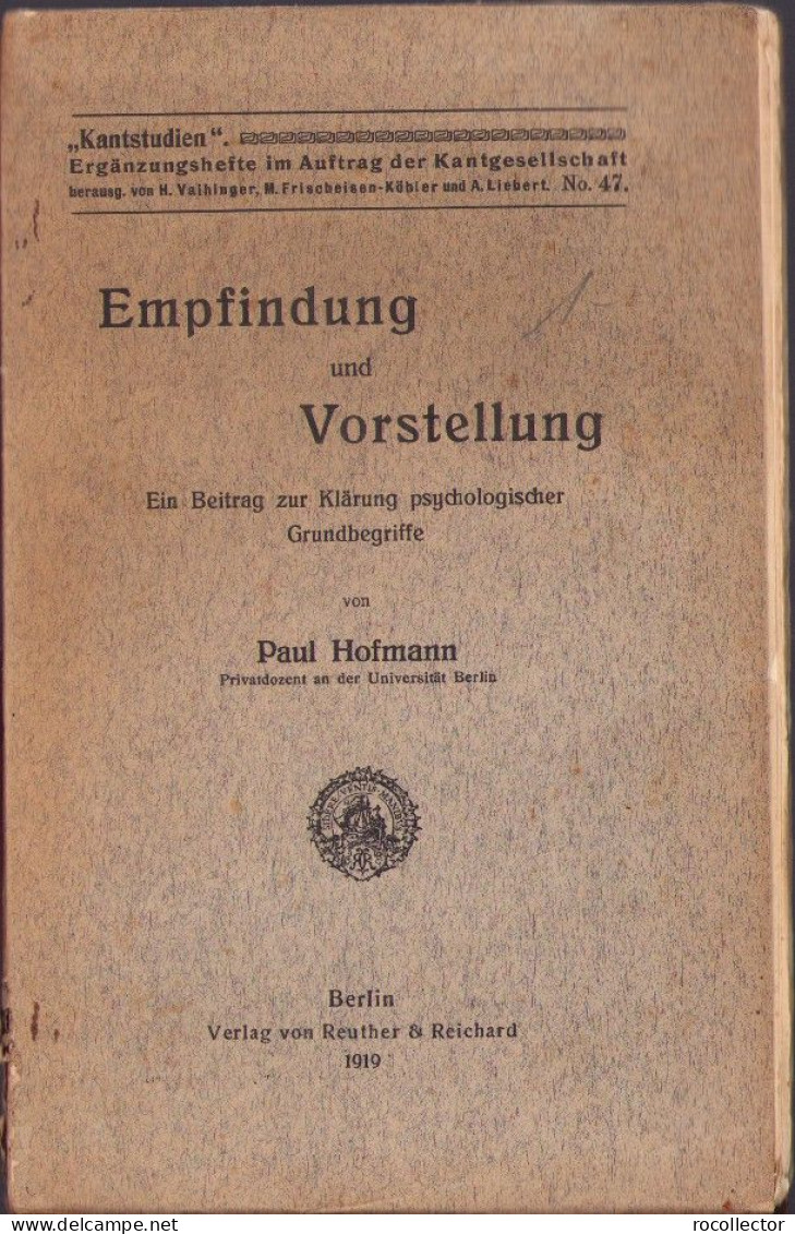 Empfindung Und Vorstellung Ein Beitrag Zur Klärung Psychologischer Grundbegriffe Von Paul Hofmann 1919 C3863N - Alte Bücher