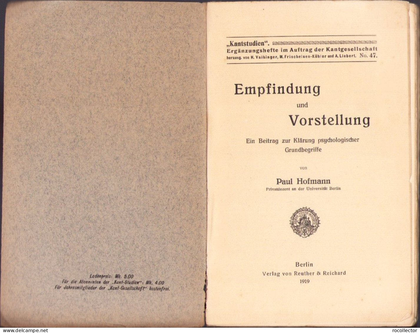 Empfindung Und Vorstellung Ein Beitrag Zur Klärung Psychologischer Grundbegriffe Von Paul Hofmann 1919 C3863N - Oude Boeken