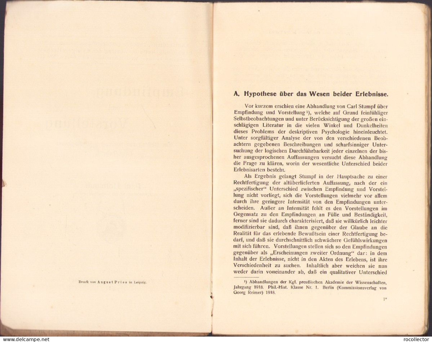 Empfindung Und Vorstellung Ein Beitrag Zur Klärung Psychologischer Grundbegriffe Von Paul Hofmann 1919 C3863N - Oude Boeken