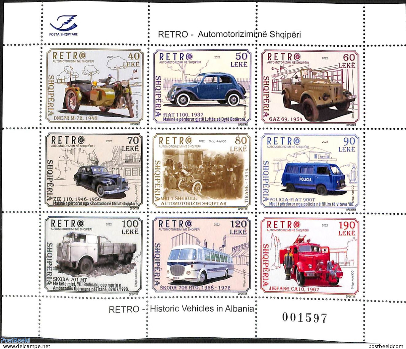 Albania 2022 Retro Auto 9v M/s, Mint NH, Transport - Various - Automobiles - Fire Fighters & Prevention - Motorcycles .. - Voitures