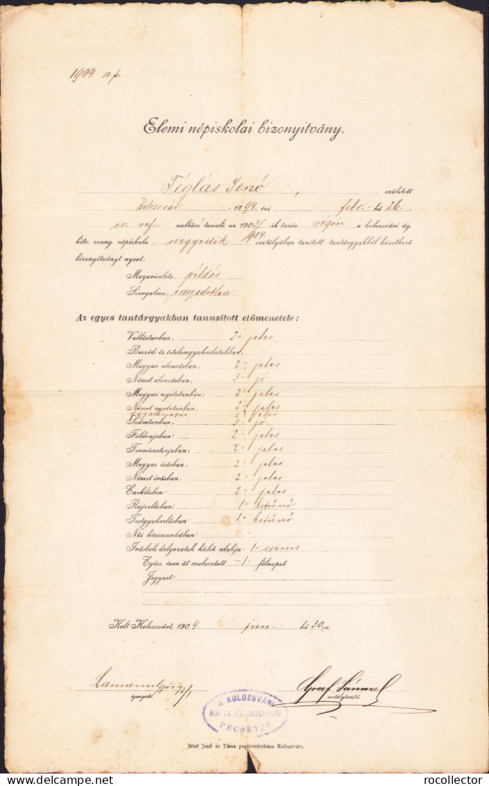 Elemi Népiskolai Bizonyitvány Kolozsvár, 1904 A2386N - Diploma's En Schoolrapporten