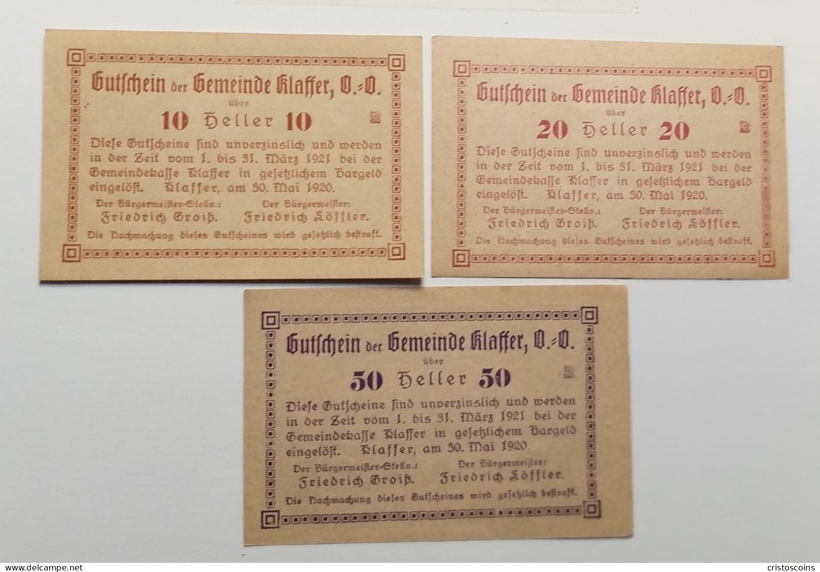 Austria Set 6 Pices  Notgeld  Klaffer, OÖ., Gemeinde  1920 (Ban.2023 - Oesterreich