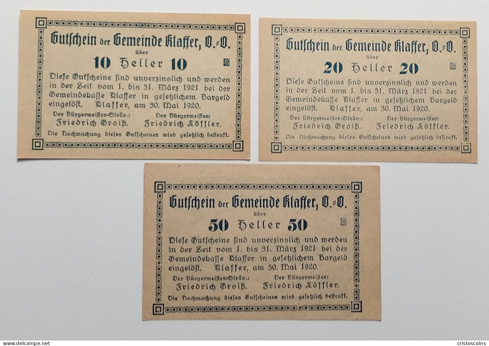 Austria Set 6 Pices  Notgeld  Klaffer, OÖ., Gemeinde  1920 (Ban.2023 - Oesterreich