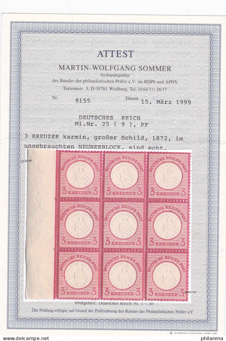 Deutsches Reich: 25 (9er Block), Postfrisch, 1x Plattenfehler, BPP Attest - Unused Stamps