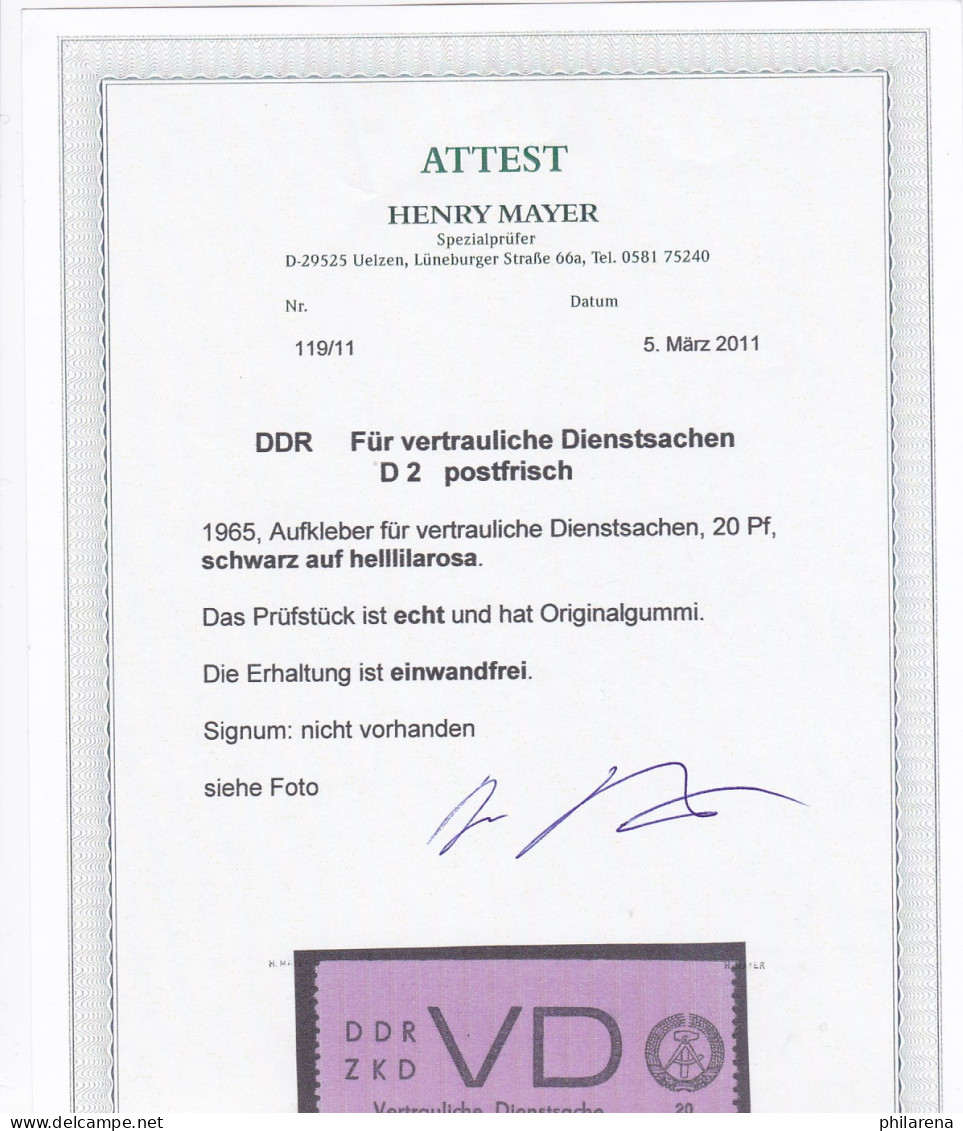 DDR: MiNr. D2, Vertrauliche Dienstsache, Postfrisch - Mint