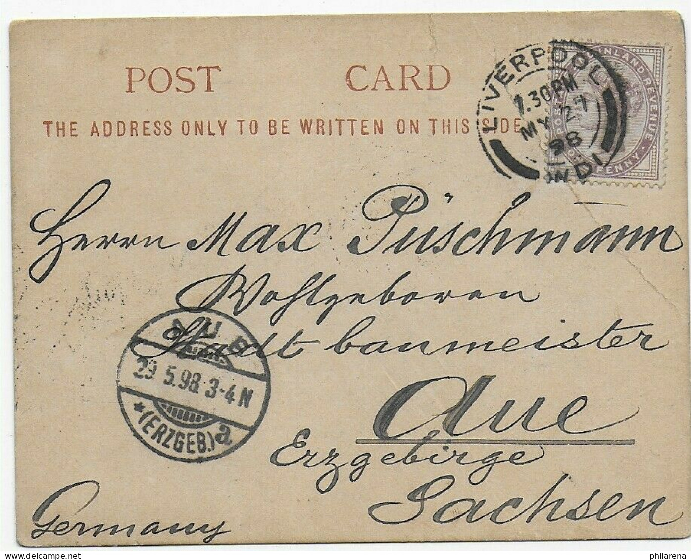 Post Card Liverpool 1898 To Aue/Germany, Kaiserlich Deutsches Konsulat - Otros & Sin Clasificación