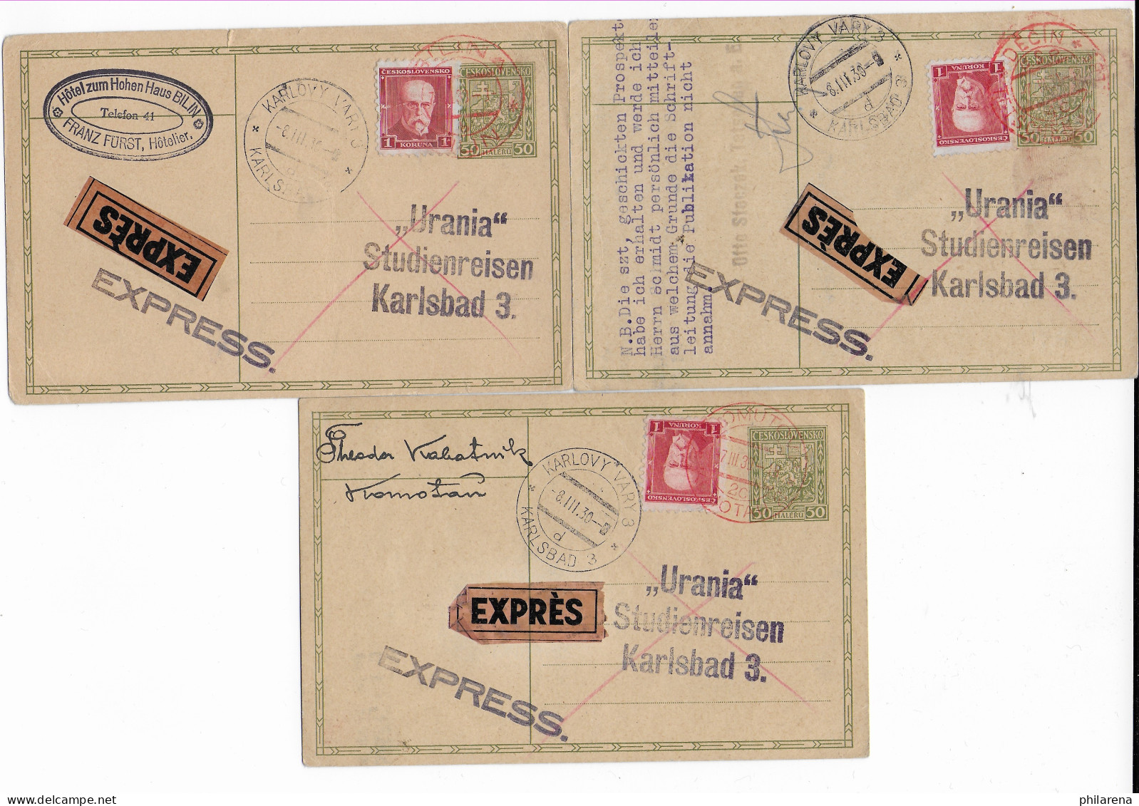 3x Express Karten: Bilin, Decin, Kromutsau Um 1930 - Other & Unclassified