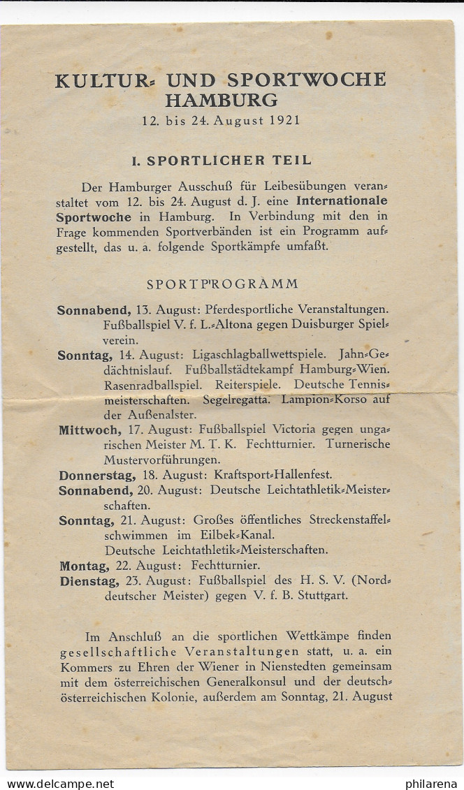 Sportprogramm Kultur- Und Sportwoche Hamburg 1921 - Historische Dokumente