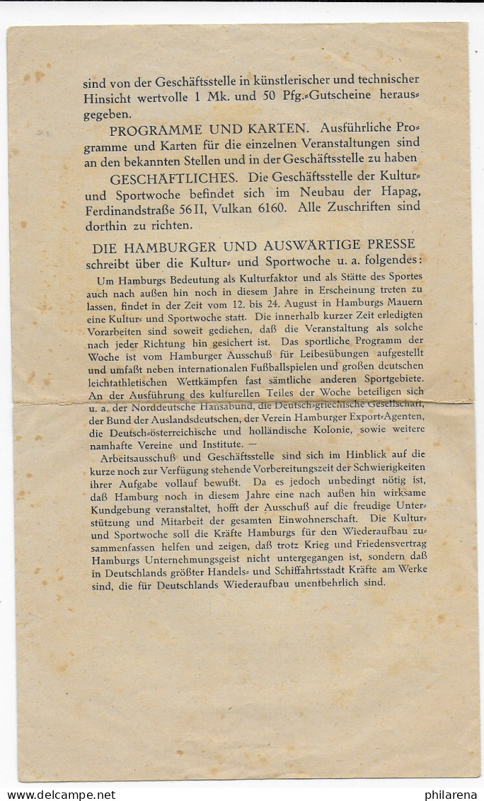 Sportprogramm Kultur- Und Sportwoche Hamburg 1921 - Historische Dokumente