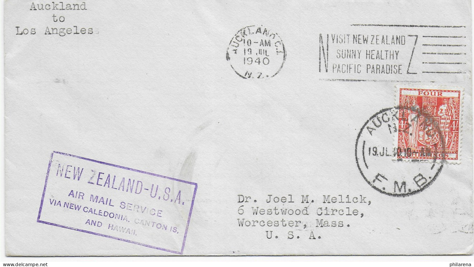Auckland 1940, Letter To Worcester, Mass/USA, Air Mail - Autres & Non Classés